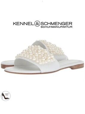 Kennel & Schmenger Elle White Leather Pearls Flat Sandals Luxury Slide Mules
